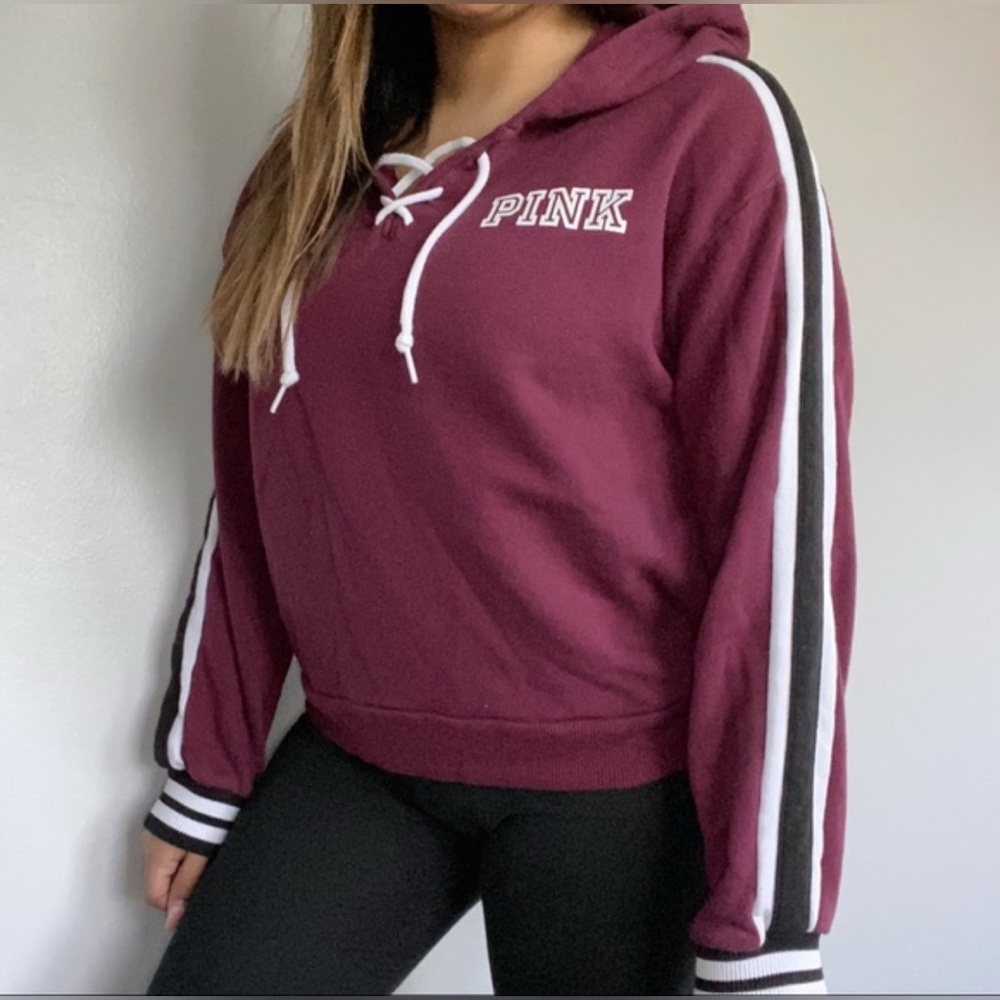 PINK Lace-Up Hoodie in Maroon with Black & White Stripes large